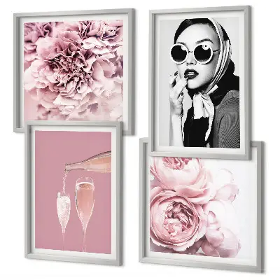 Set de 4 cuadros de flores peonías rosas con diseño elegante para salón