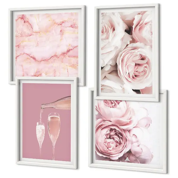 Set de cuadros modernos para salón diseño de rosas champán en mármol pastel