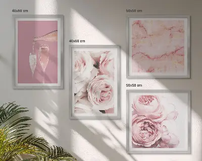 Set de cuadros modernos para salón diseño de rosas champán en mármol pastel