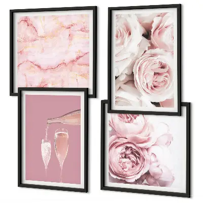 Set de cuadros modernos para salón diseño de rosas champán en mármol pastel