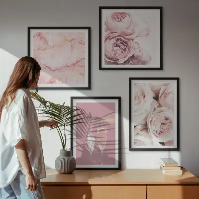 Set de cuadros modernos para salón diseño de rosas champán en mármol pastel