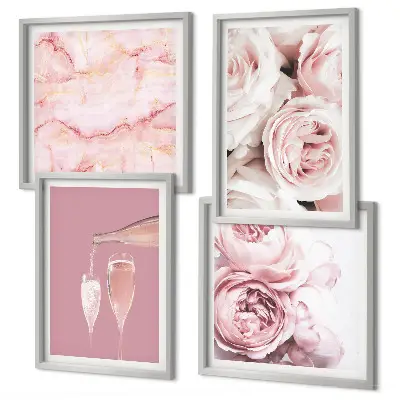 Set de cuadros modernos para salón diseño de rosas champán en mármol pastel