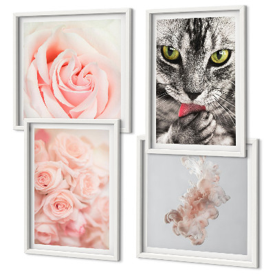 Set de 4 cuadros para salón Rosas de gato gris abstracto