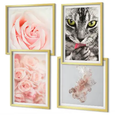 Set de 4 cuadros para salón con diseño abstracto de gatos grises y rosas