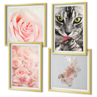 Set de 4 cuadros para salón Rosas de gato gris abstracto