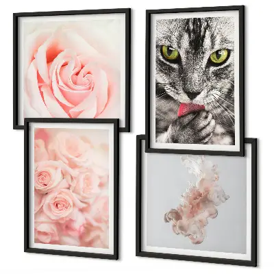 Set de 4 cuadros para salón con diseño abstracto de gatos grises y rosas