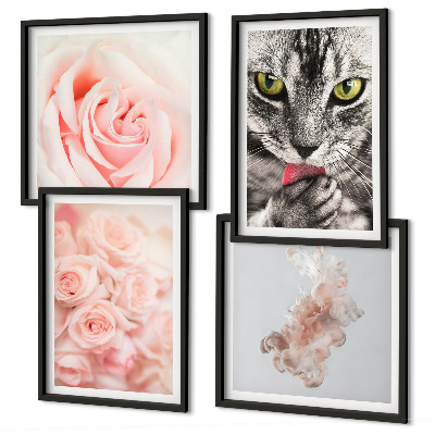 Set de 4 cuadros para salón Rosas de gato gris abstracto