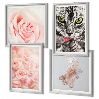 Set de 4 cuadros para salón Rosas de gato gris abstracto