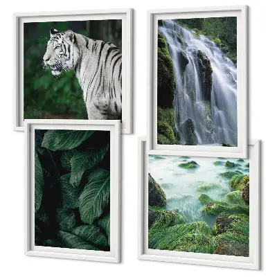 Set de 4 cuadros para salón con diseño de hojas de cascada y tigre blanco