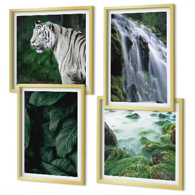 Set de 4 cuadros para salón con diseño de hojas de cascada y tigre blanco