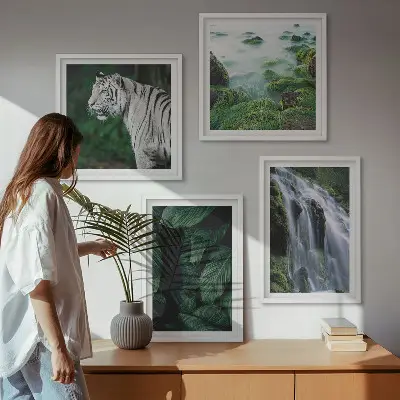 Set de 4 cuadros para salón con diseño de hojas de cascada y tigre blanco