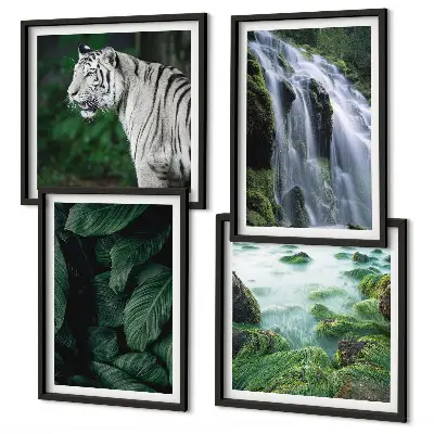 Set de 4 cuadros para salón con diseño de hojas de cascada y tigre blanco