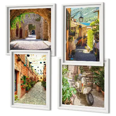 Set de 4 cuadros decorativos para salón con diseño de calles encantadoras y pizza