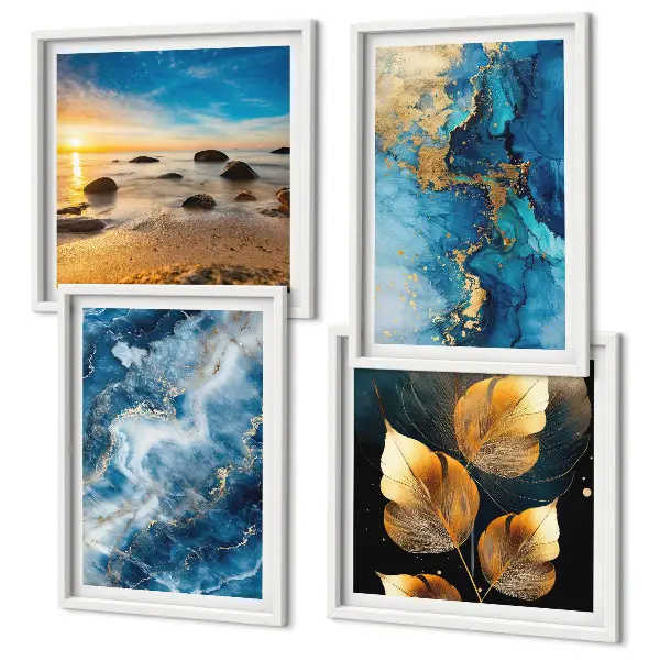 Set de 4 cuadros decorativos para salón con diseño de patrones en azul y oro