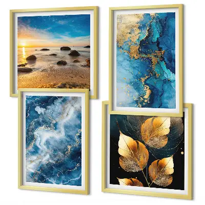 Set de 4 cuadros decorativos para salón con diseño de patrones en azul y oro