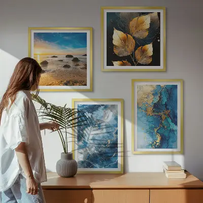 Set de 4 cuadros decorativos para salón con diseño de patrones en azul y oro