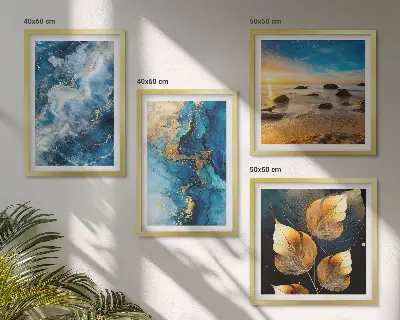 Set de 4 cuadros decorativos para salón con diseño de patrones en azul y oro
