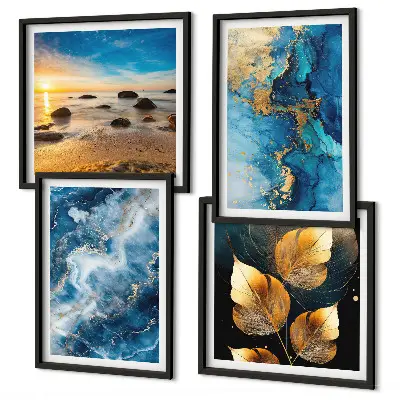 Set de 4 cuadros decorativos para salón con diseño de patrones en azul y oro