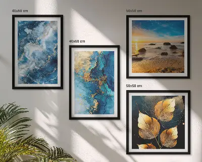 Set de 4 cuadros decorativos para salón con diseño de patrones en azul y oro