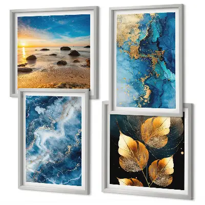 Set de 4 cuadros decorativos para salón con diseño de patrones en azul y oro