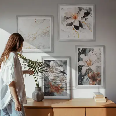 Galería de pared diseño de flores con efecto de mármol en blanco y negro