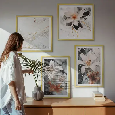 Galería de pared diseño de flores con efecto de mármol en blanco y negro