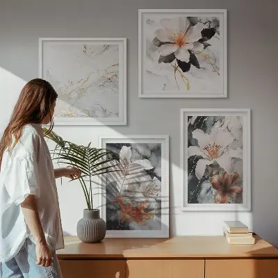 Galería de pared diseño de flores con efecto de mármol en blanco y negro