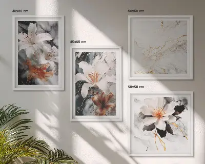 Galería de pared diseño de flores con efecto de mármol en blanco y negro