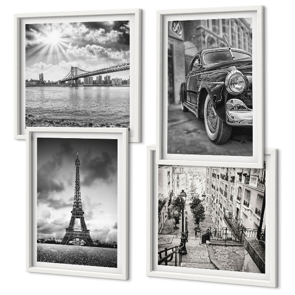 Set de 4 cuadros para salón Vistas de la ciudad, puentes, Torre Eiffel, coche