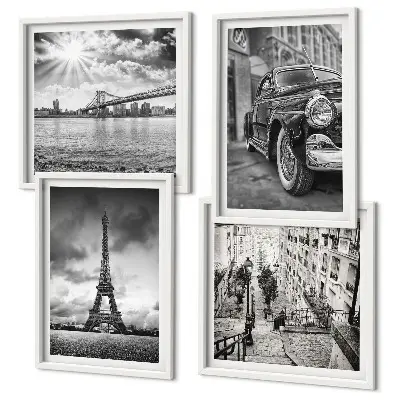 Set de 4 cuadros para salón con vistas de la ciudad, puentes, la Torre Eiffel y un coche