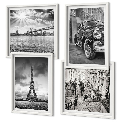 Set de 4 cuadros para salón Vistas de la ciudad, puentes, Torre Eiffel, coche