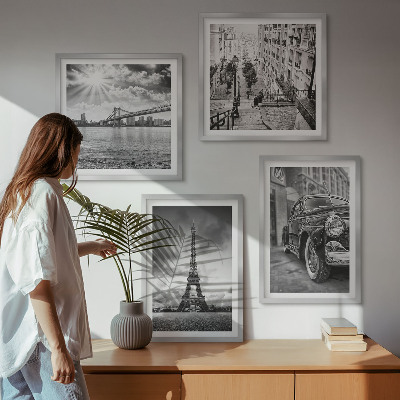 Set de 4 cuadros para salón Vistas de la ciudad, puentes, Torre Eiffel, coche