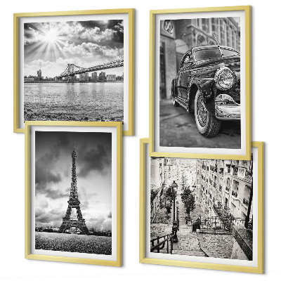 Set de 4 cuadros para salón Vistas de la ciudad, puentes, Torre Eiffel, coche