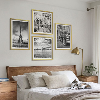 Set de 4 cuadros para salón Vistas de la ciudad, puentes, Torre Eiffel, coche