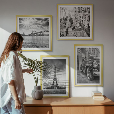 Set de 4 cuadros para salón Vistas de la ciudad, puentes, Torre Eiffel, coche