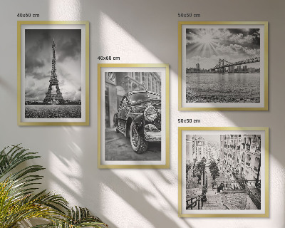 Set de 4 cuadros para salón Vistas de la ciudad, puentes, Torre Eiffel, coche