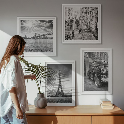 Set de 4 cuadros para salón Vistas de la ciudad, puentes, Torre Eiffel, coche