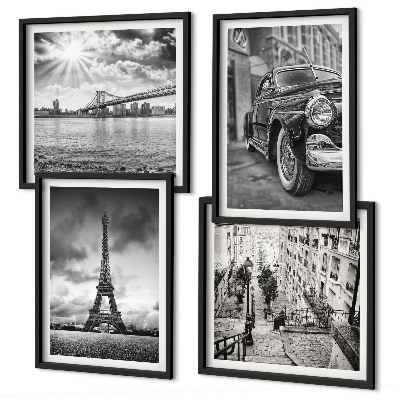 Set de 4 cuadros para salón Vistas de la ciudad, puentes, Torre Eiffel, coche
