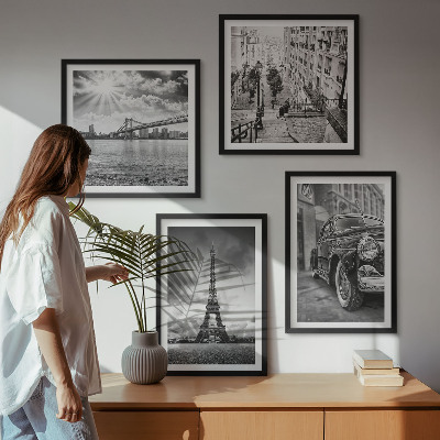 Set de 4 cuadros para salón Vistas de la ciudad, puentes, Torre Eiffel, coche