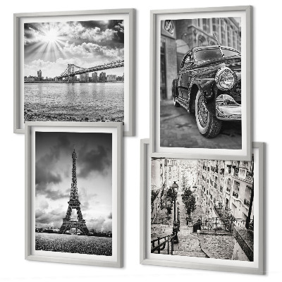 Set de 4 cuadros para salón Vistas de la ciudad, puentes, Torre Eiffel, coche