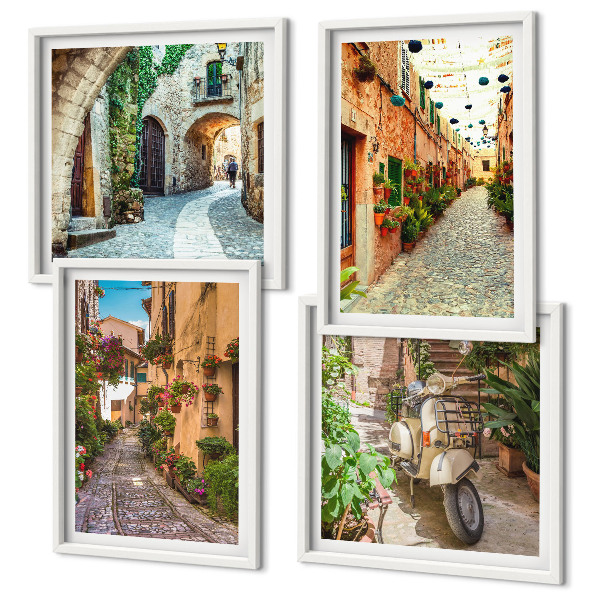 Set de 4 cuadros para salón Encantadoras calles italianas y flores