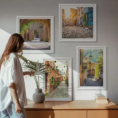 Set de cuadros modernos para salón diseño de calles encantadoras con piedras