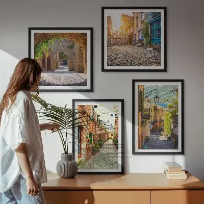 Set de cuadros modernos para salón diseño de calles encantadoras con piedras