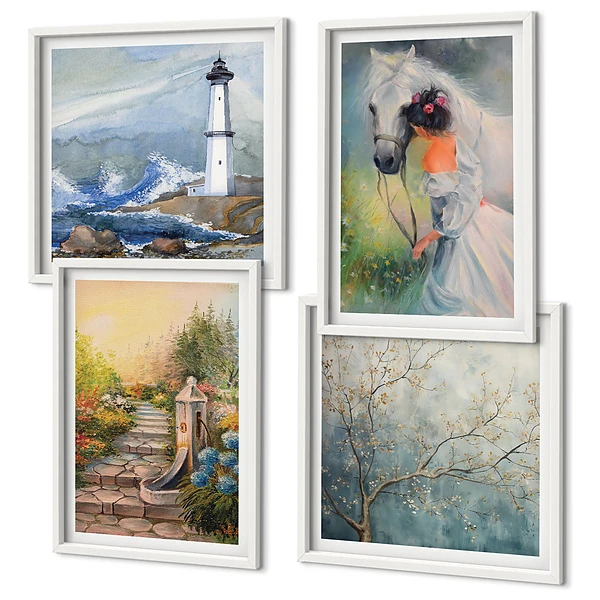 Set de cuadros modernos para salón con diseño de paisaje de faro, niña y caballo
