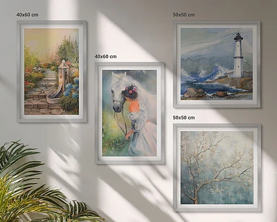 Set de cuadros modernos para salón con diseño de paisaje de faro, niña y caballo