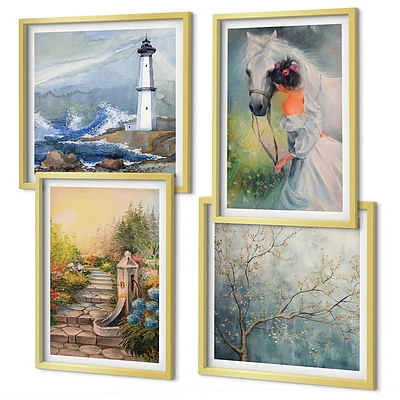 Set de cuadros modernos para salón con diseño de paisaje de faro, niña y caballo