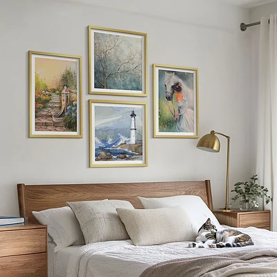 Set de cuadros modernos para salón con diseño de paisaje de faro, niña y caballo