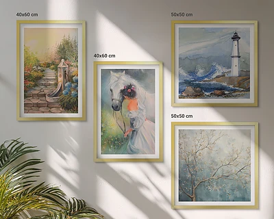 Set de cuadros modernos para salón con diseño de paisaje de faro, niña y caballo