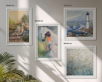 Set de cuadros modernos para salón con diseño de paisaje de faro, niña y caballo