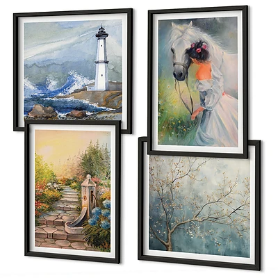 Set de cuadros modernos para salón con diseño de paisaje de faro, niña y caballo